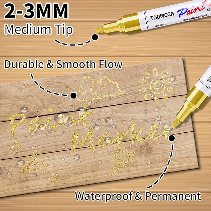 Gold Paint Pens Permanent Paint Markers 12 Pack Oil Based Markers, Quick Drying and Waterproof Marker Pen, Car Tire, Metal, Rock Painting, Wood, Ceramic, Plastic, Canvas, Mugs, Medium Tip