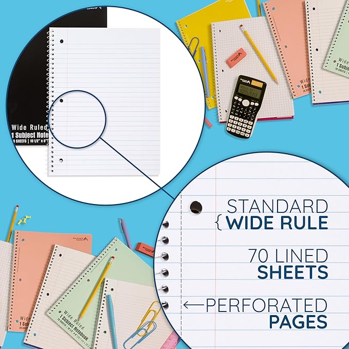 Blue Summit Black Wide Ruled Spiral Notebooks Bulk, 1 Subject Spiral Notebook Wide Ruled, Paper School Bulk Notebooks, 48 Pack