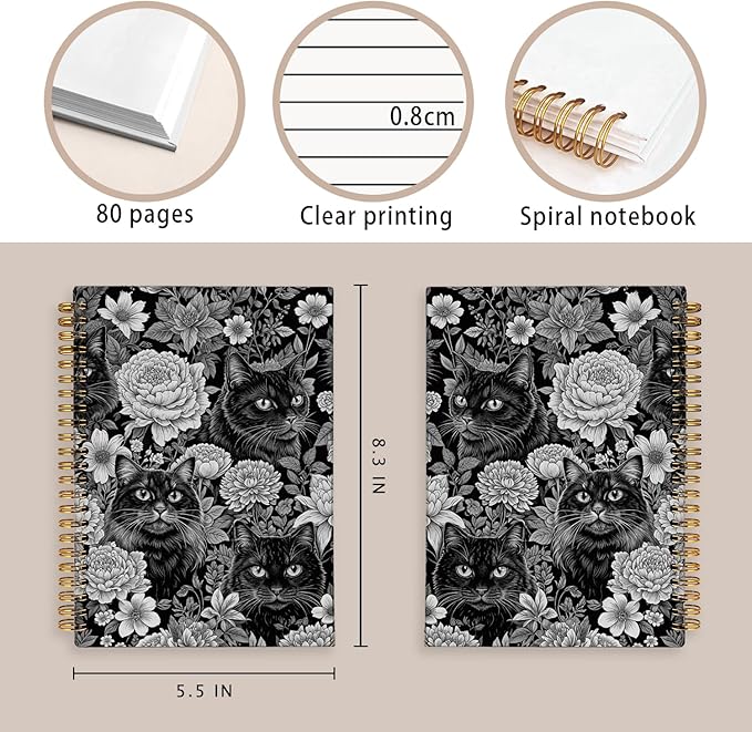 Cat Notebook Journal, Vintage Black White Floral Cats Spiral Notebook for School Supplies, Cat Lover Gifts for Women Men, Black Cat Gifts for Girls 5.5x8.3 Inch