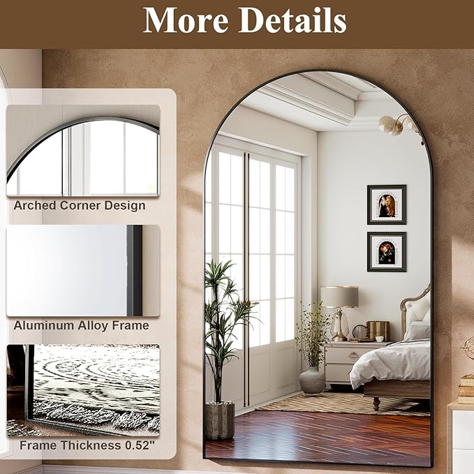 GLSLAND 72" x 44" Arched Full Length Mirror - Oversized Aluminum Alloy Frame Full Body Floor Mirrors with Stand Wall Mounted for Bedroom/Living Room, Black