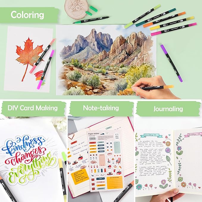 nauets 100 Colors Brush & Fine Dual Tip Watercolor Markers Set for Kids Adults Coloring Books No Bleeding Paint Pens For Drawing Note taking Planner Calligraphy Journaling Card Making Art Supplies