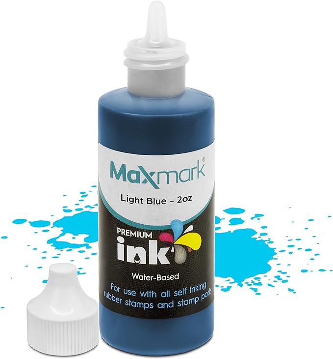 MaxMark Premium Refill Ink for self Inking Stamps and Stamp Pads, Light Blue Color - 2 oz.