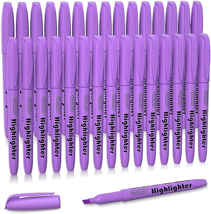 Shuttle Art Highlighters, 30 Pack Purple Highlighters Bright Colors, Chisel Tip Dry-Quickly Non-Toxic Highlighter Markers for Adults Kids Highlighting in Home School Office