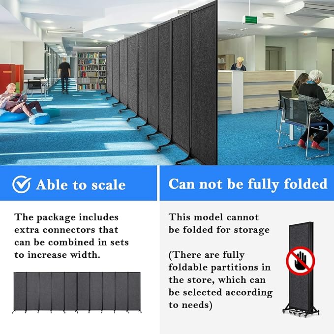 Upgrade Version Room Partition and Divider, Freestanding Rolling Dividers with Wheels,Office Privacy Screen Divider Wall,Classroom Felt Dividers,12'2"L* 6'7"H,6 Panel，Dark Grey