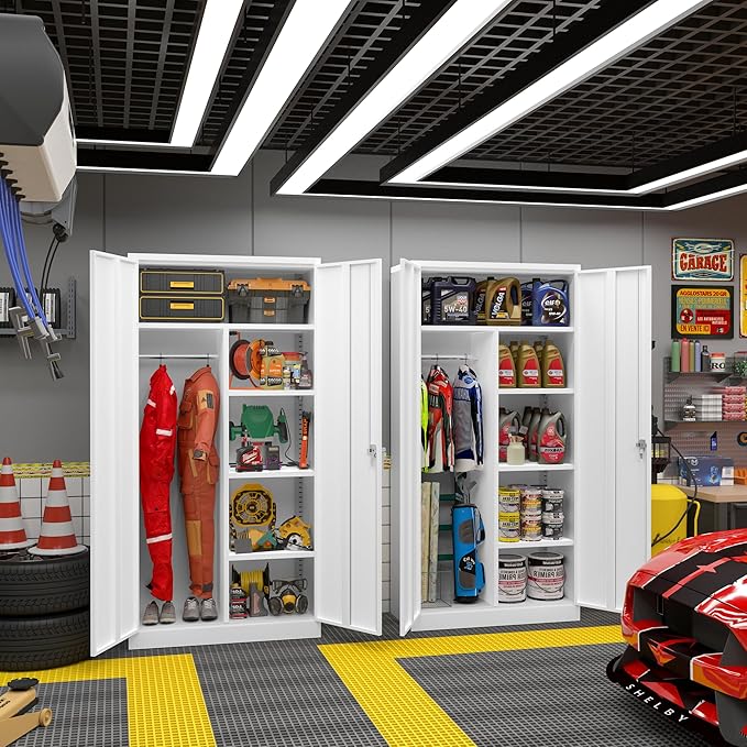 Greenvelly Metal Storage Cabinet with 2 Doors, White 72” Steel Storage Wardrobe Cabinet, Employees Locker Closet Clothing Coat Steel Wardrobe Cabinet with Hanging Rod for Garage, Gym, Home Office