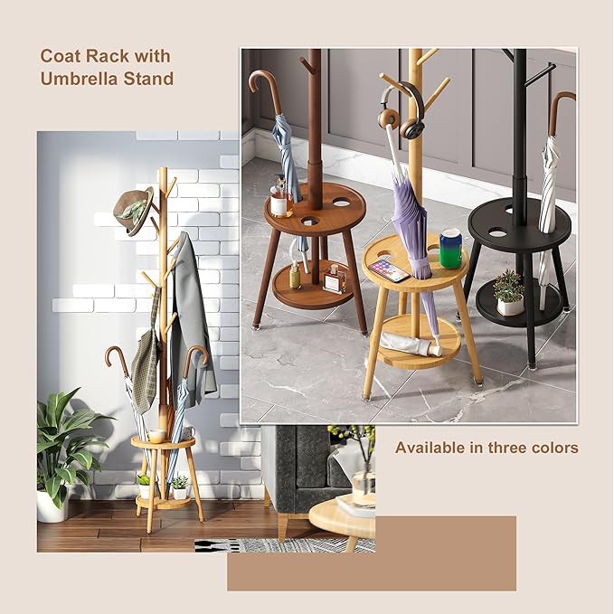 FILWH Freestanding Coat Rack with Umbrella Organizer Tray Bamboo Coat Tree Rack with 8 Hook Stand for Clothes Bag Hats Entryway Hanger Stand(Nature)
