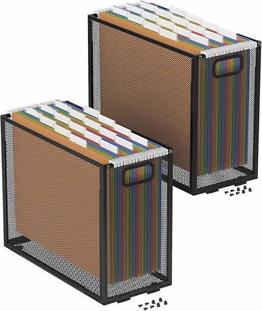 Oterri Hanging File Organizer, Metal File Organizer, Portable Desktop File Organizer for Letter Size Folder, Mesh Hanging File Crate for Office,Folders Not Included(Cool Black,2 Pack)