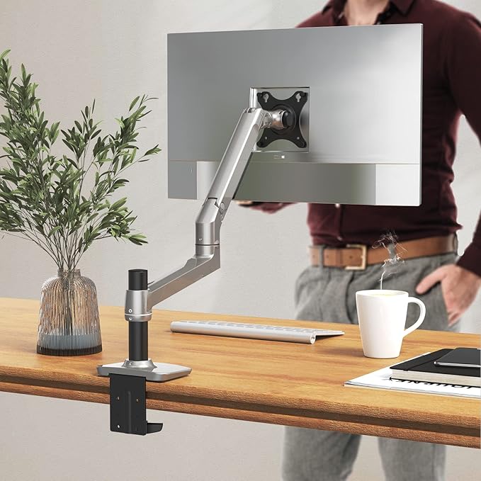 Single Monitor Arm Desk Mount, Holds Screens up to 40 Inches and 25 lbs, Fully Adjustable Vesa Monitor Mount with C-Clamp and Grommet Base, Aluminum, Silver