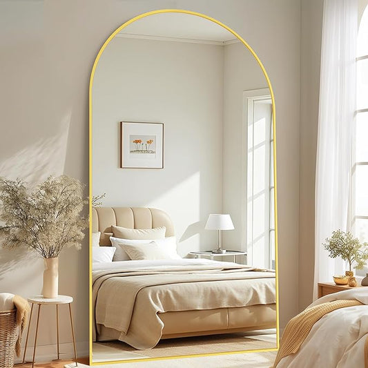 Full-Length Floor Mirror with Stand, 81"x41" Arched Style Full Body Standing Mirror for Bedroom, Living Room, Gym, Dorm - Shatter-Resistant & Easy Assembly, Gold