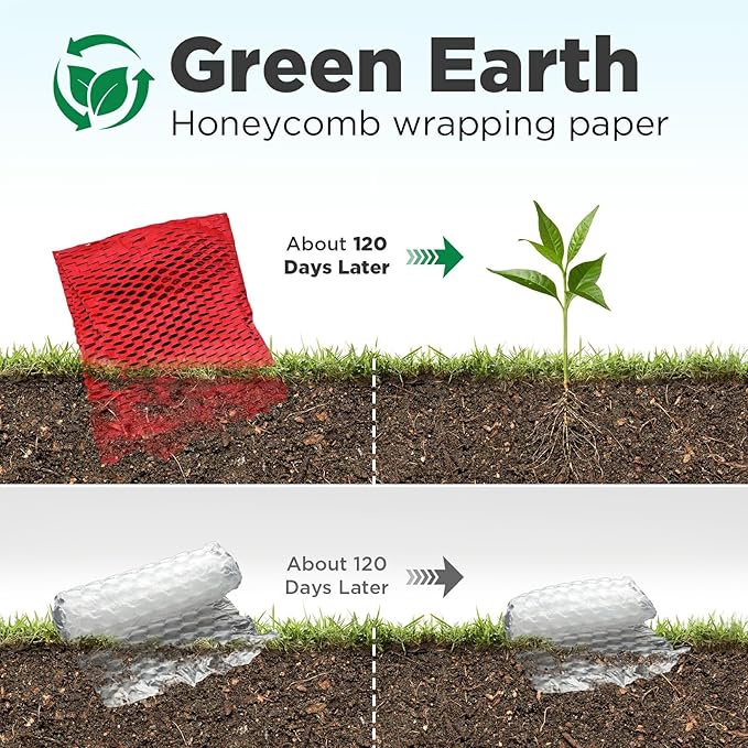 Honeycomb Packing Paper, 12"x50' Red | Perforated Honeycomb Packing Paper Recyclable Moving Supplies for Shipping & Moving | Plastic-Free Alternative to Bubble Cushion Wrap with 36 Fragile Stickers