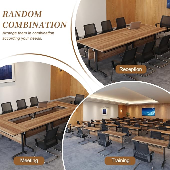 Folding Conference Room Table, Modern Conference Tables with Silent Wheels, Large Rectangular Mobile Training Tables for Office Classroom, Foldable Modular Boardroom Seminar Table (6pack L63in)
