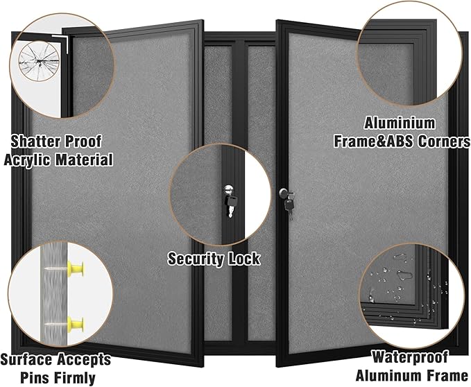 48"x34" Enclosed Bulletin Board, Outdoor Lockable Weather-Resistant Aluminum Cork Noticeboard for School & Office, Black Frame w/Grey Flet