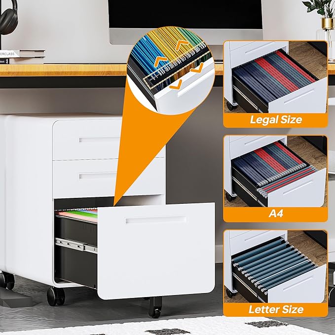 STANI 3 Drawer Filing Cabinet, Metal Filing Cabinet Legal/Letter Size with Lock, Mobile Storage Cabinet for Home and Office, Fully Assembled Except Wheels White