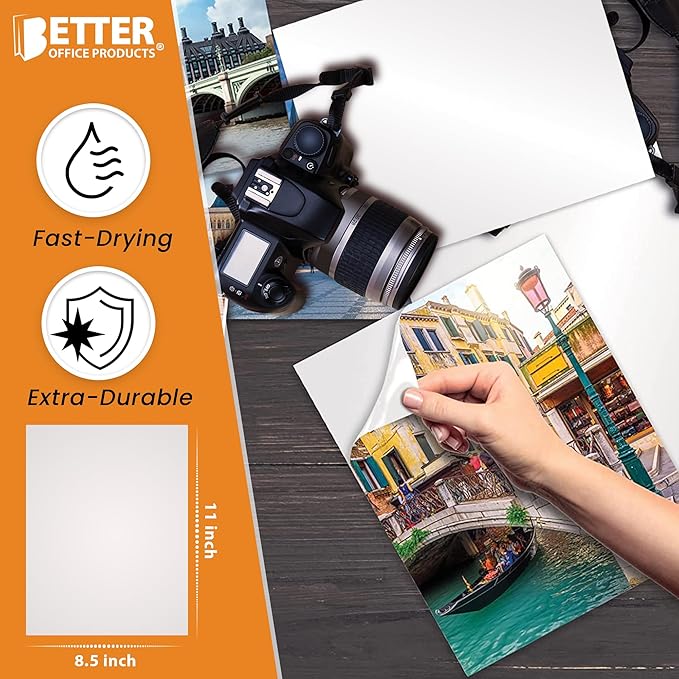 Better Office Products Self-Adhesive Photo Paper, Sticky Photo Paper, Glossy, 8.5 x 11 Inch, 50 Sheets, 135 gsm, Letter Size, 50-Count Pack