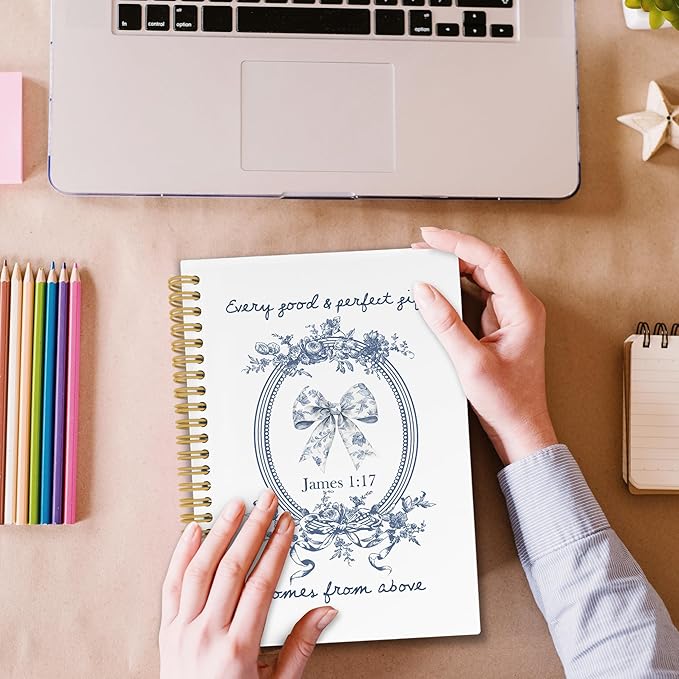 Chinoiserie Bow Christian Spiral Notebook, Vintage Blue and White Porcelain Floral Bible Journaling Notebooks for School, Preppy Girly Hardcover Journals for Women, 160 Pages 5.5 x 8.3 Inch