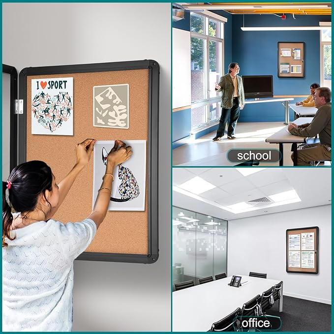 Magula Enclosed Cork Bulletin Board Tamper-Proof Dispaly Case, Black Aluminium Frame, Shatter Resistant Lockable Bulletin Board, Enclosed Cork Board for School, Office,Commercial,Hospital etc(24"x18")