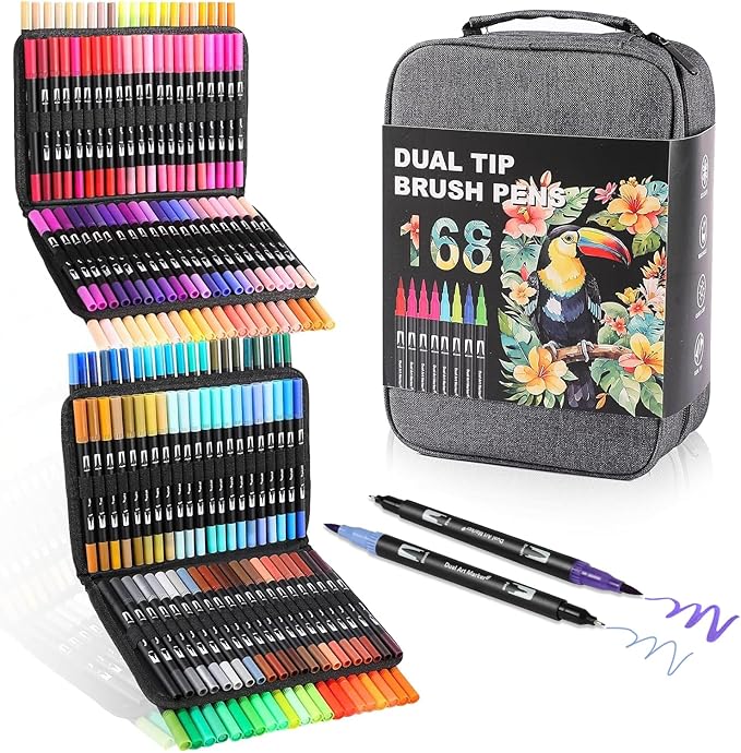 Double Brush Marker Pens, 168 Colors Art Markers Set with Fine Tip and Brush Tip for Kids Adult Coloring Book Hand Lettering Calligraphy Drawing Art Supplies Kit