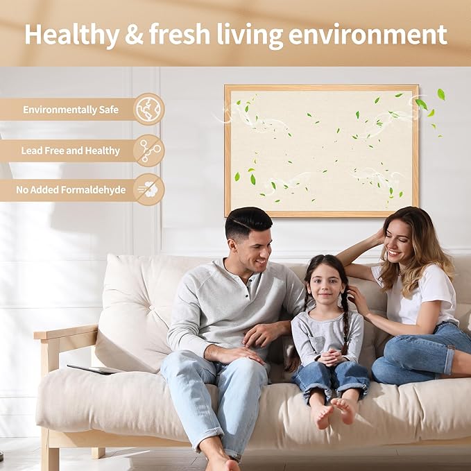 SHANTRA 24 x 18 Inch Bulletin Board with Beige Fabric, Wood Framed Canvas Cork Board, Corkboard for Walls with 10 Pins, Decorative Vision Board, Wall Mounted Notice Board for Home, Office, School