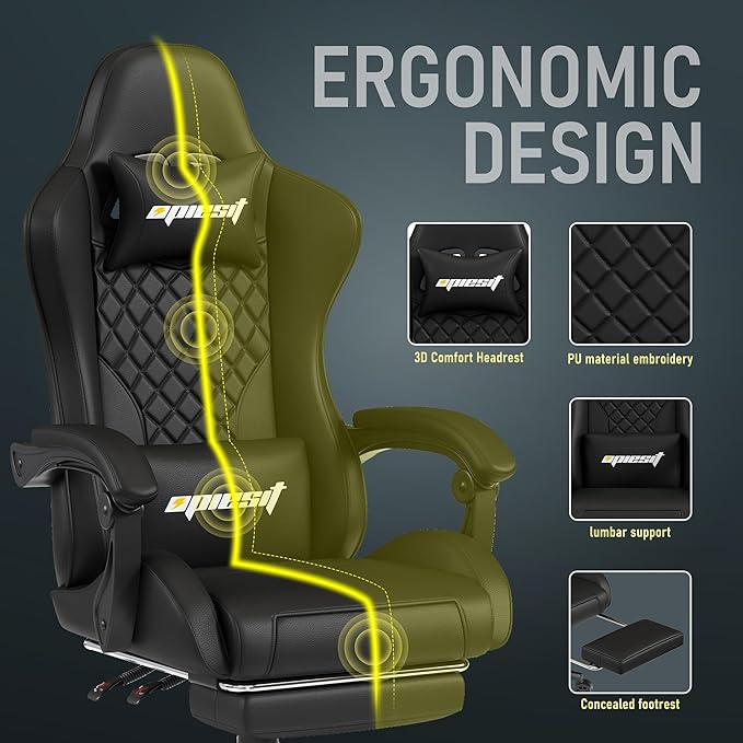 Gaming Chair,Ergonomic Computer Chairs for Adults with Footrest, PU Leather Office Chair with Adjustable Lumbar Support & Pocket Spring Cushion - Heavy Duty 400lb Capacity Gamer Chair(Black)