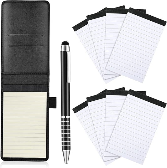 Outus 10 Pcs Pocket Notebook with Pen Set Included Mini Pocket Notepad Holder with 50 Lined Sheets, Metal Pen, 8 Pcs 3 x 5 Inch Memo Book Refills, 30 Lined Paper Per Note Pad (Black)