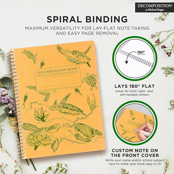 Decomposition Sea Turtles College Ruled Spiral Notebook - 9.75 x 7.5 Journal with 160 Lined Pages - 100% Recycled Paper - Cute Notebooks for School Supplies, Home & Office - Made in USA