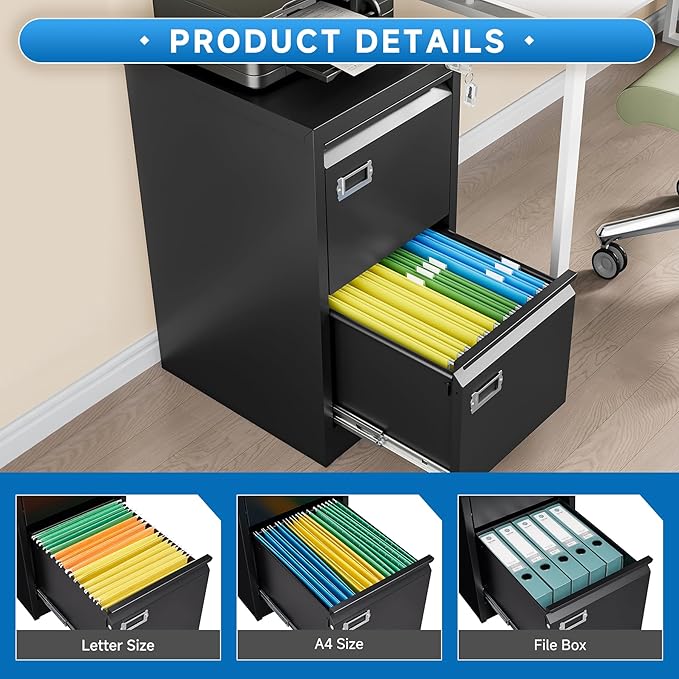 2 Drawer File Cabinet with Lock Metal Vertical Filing Storage Cabinet Office Home Steel Vertical File Cabinets for A4 Legal/Letter Size Narrow File Cabinet Locked,Assembly Required