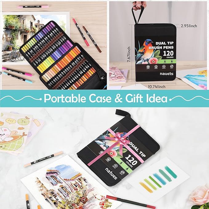 nauets 120 Colors Brush & Fine Dual Tip Watercolor Markers Set for Kids Adults Coloring Books No Bleeding Paint Pens For Drawing Note taking Planner Calligraphy Journaling Card Making Art Supplies