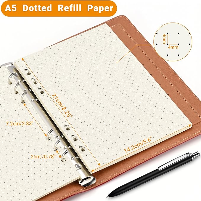 A5 Dot-Ruled Refill Paper, 100gsm Thick Beige No-Bleed Sheets (80-Pack), Pre-Punched – Fits A5 6-Ring Binders for Office, School & Teachers