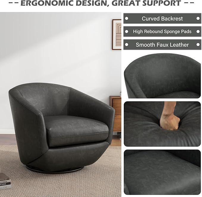 UIXE Faux Leather Swivel Accent Chairs Set of 2, Barrel Chair Upholstered Club Armchair for Living Room, Comfy Single Sofa Bedroom Side Reading Seat - Black