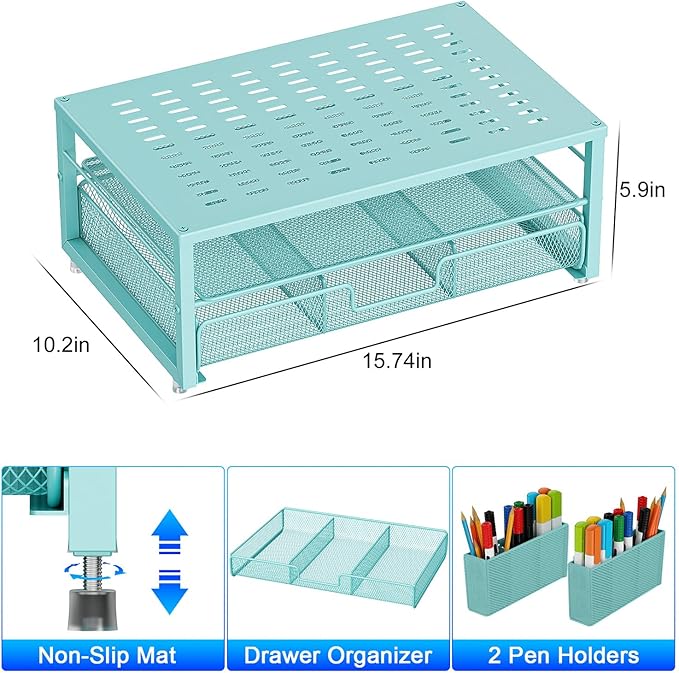 gianotter Desk Organizers and Accessories, Monitor Stand with Drawer and 2 Pen Holder, Desktop Organizer Suitable for Offices and Dormitories (Blue)