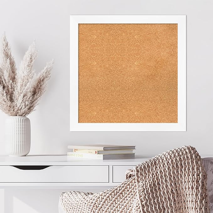 Amanti Art Natural Cork Board for Wall, 27x27 Vision Board with White Frame, Medium Corkboard Office Decor for Home Organization, Modern Corkboard Pinboard to Display Items for Home Organization in