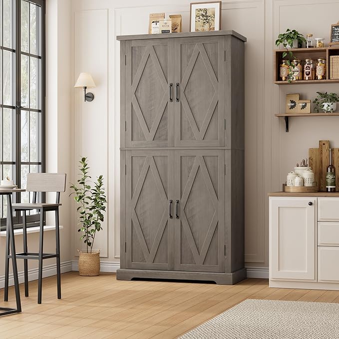 HOSTACK 64" Tall Pantry Cabinet, Modern Farmhouse Kitchen Pantry, Wood Bathroom Storage Cabinet, Large Bookcase, 4 Doors|Adjustable Shelves, for Dining Room, Living Room, Home Office, Ash Grey