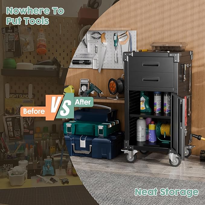Garage Storage Cabinet, Metal Storage Cabinet with 1 Locking Door and 2 Drawers, Heavy Duty Rolling Workbench Table with Wheels and Pegboards for Garage, Office and Tool Room