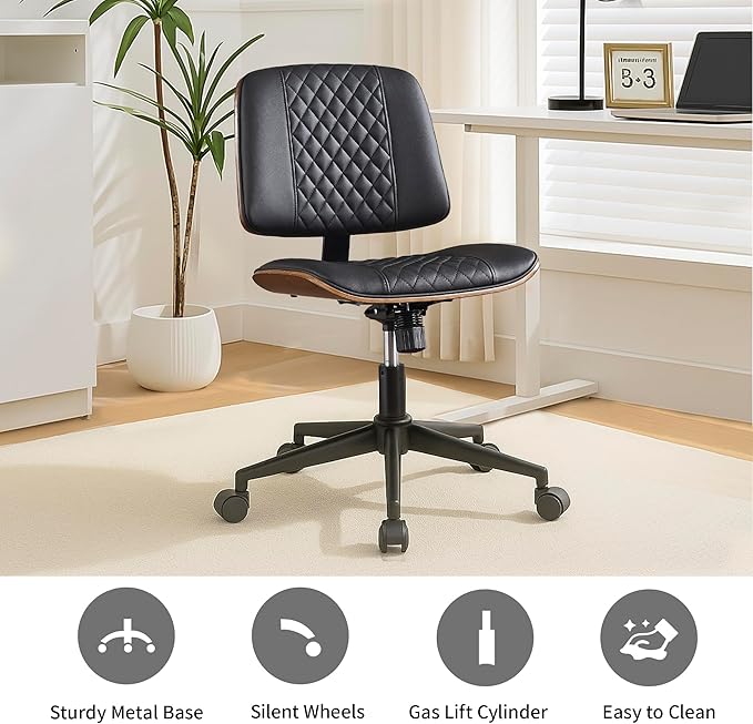 Modern Black Home Office Chair – Armless Mid-Back Desk Chair with PU Leather, Adjustable Height, Swivel Wheels, Walnut Wood Finish, Perfect for Small Spaces