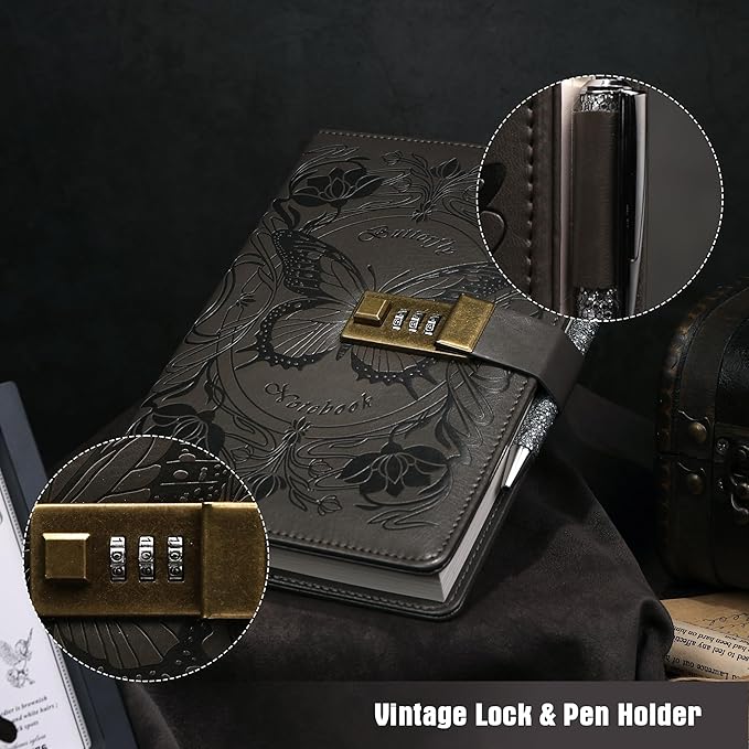 TIEFOSSI Diary with Lock for Women Girls, Lined Locked Journal, Butterfly Journal Notebook with Pen and Bookmark, A5 Refillable Locking Journals for Writing, 224 Numbered Pages