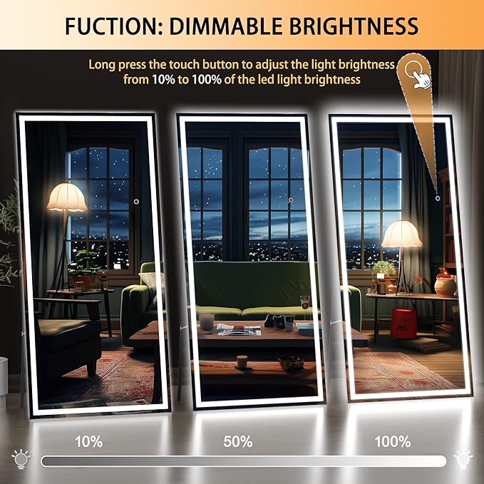 Hasipu Full Length LED Mirror with Lights, 83" x 36" Floor Standing or Hanging Mounted, Full Body Dressing Mirror, Dimmable Light, Tempered Glass, Square Black