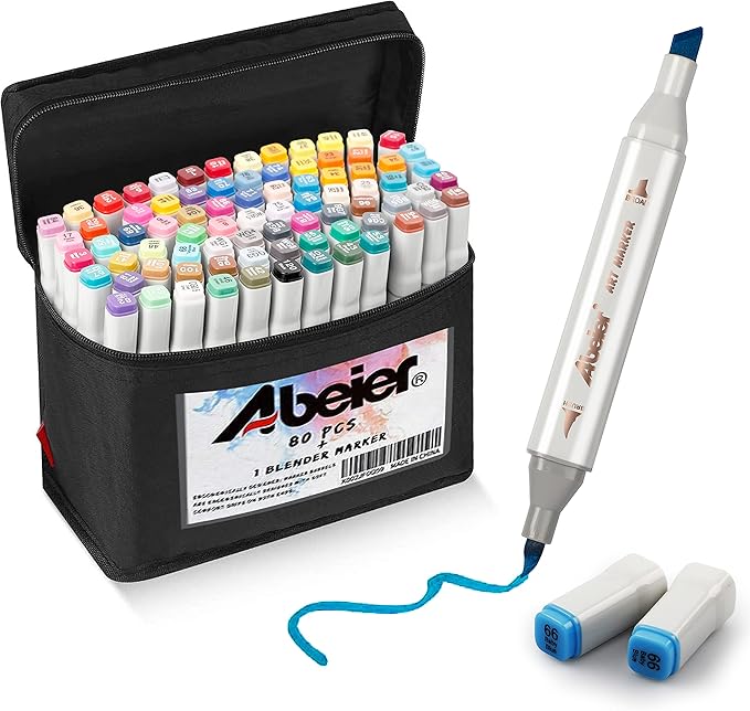 ABEIER 81 Colors Alcohol Markers - Brush & Chisel Dual Tip Sketch Markers, Plus 1 Blender, Permanent for Kids & Adults Coloring & Illustration
