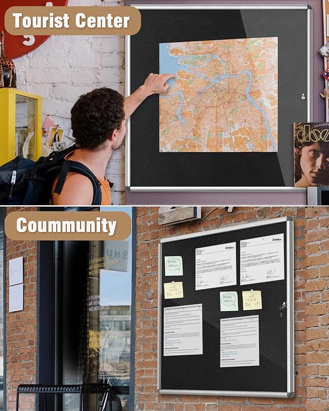 38"x38" Enclosed Bulletin Board, Lockable Weather-Resistant Aluminum Cork Noticeboard for School & Office, Silver Frame w/Black Flet