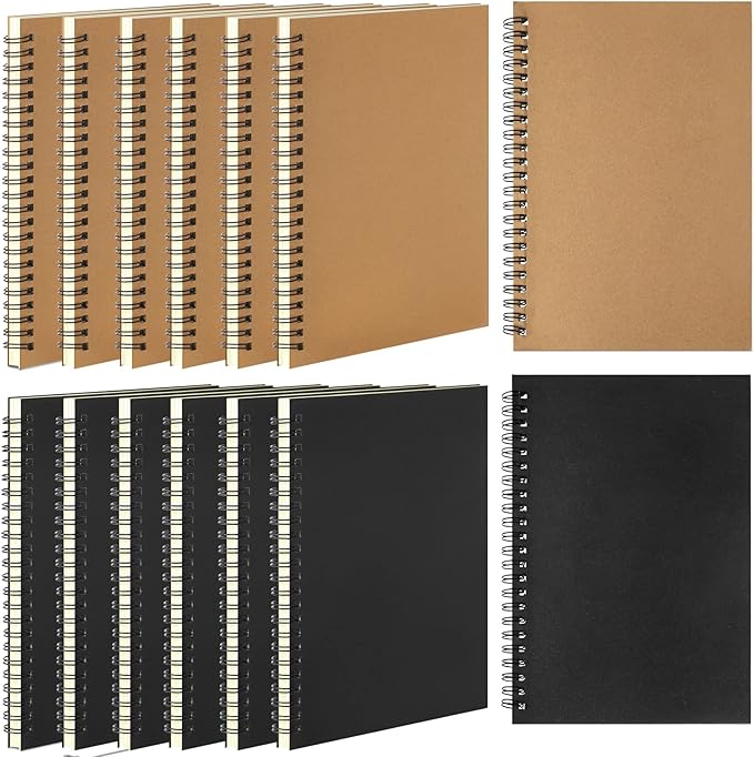 12 Pack Small Spiral Notebook A5 Lined College Ruled Spiral Journal Notebook 5.5 x 8.3 Inch Kraft Cover, 120 Pages for Work Students Office Business(Brown, Black)