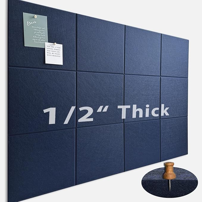 Large Cork Board for Office Wall Decor,48"x36"-12 Pack Felt Wall Tiles with 35 Push Pins, Thicker 0.47in, Felt Bulletin Board Pin Board Cork Boards for Walls - Dark Blue