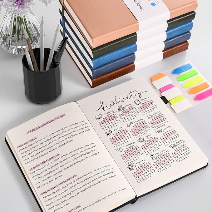 Lined Journal Notebook, Large A5 College Ruled Notebook, 312 Numbered Pages Work Notebook with Index Stickers, 100gsm Paper, Hardcover Vegan Leather Journal for Women Men School Office, Grey Blue