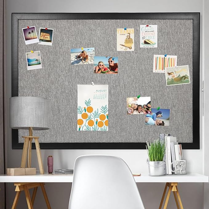 SHANTRA 36 x 24 Inch Bulletin Board with Grey Fabric, Wood Framed Canvas Cork Board, Corkboard for Walls with 10 Pins, Decorative Vision Board, Wall Mounted Notice Board for Home, Office, School