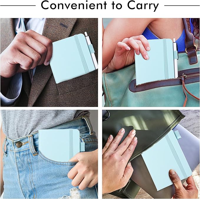 feela 6 Pack Pocket Small Notebooks Bulk, Mini Cute Memo Notepads Hardcover College Ruled Lined Journals with Pen Holder for Women Girls Office School, with 6 Black Pens, 3.5”x 5.5”, A6, Sky Blue