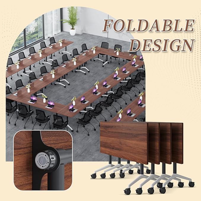 Folding Conference Room Table, Modern Conference Tables with Wheels, Large Rectangular Mobile Training Tables for Office Classroom, Foldable Modular Boardroom Seminar Table (8pack L55.1in)
