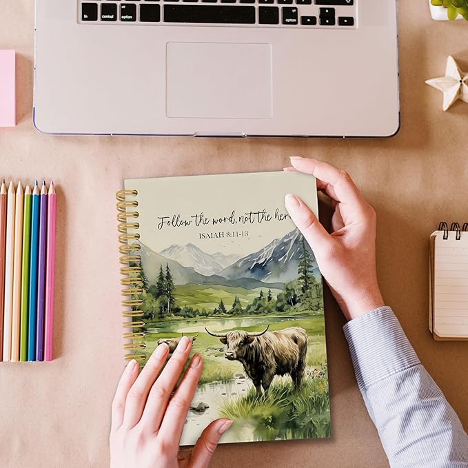 Christian Highland Cow Spiral Notebook, Farmhouse Cow Bible Journaling Notebooks, Rustic Country Mountain Farmhouse Hardcover Journals for Women 160 Pages 5.5x8.3 Inch, Christian Gifts for Women
