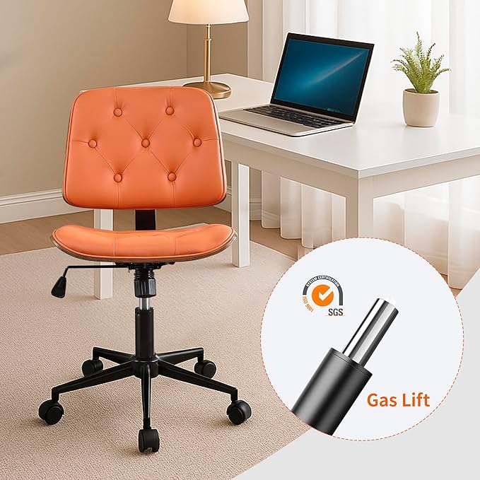 Small Armless Desk Chair – PU Leather Mid-Back Ergonomic Office Chair with Adjustable Height, Swivel Wheels, Walnut Frame, Ideal for Small Office, Study, or Bedroom, Orange