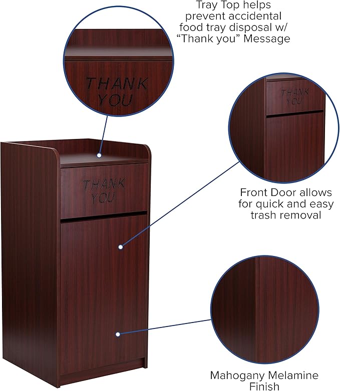 Flash Furniture Sony Laminate Wood Commercial-Grade Trash Receptacle with Tray Top, Wooden Restaurant Trash Can Garbage Receptacle, Mahogany