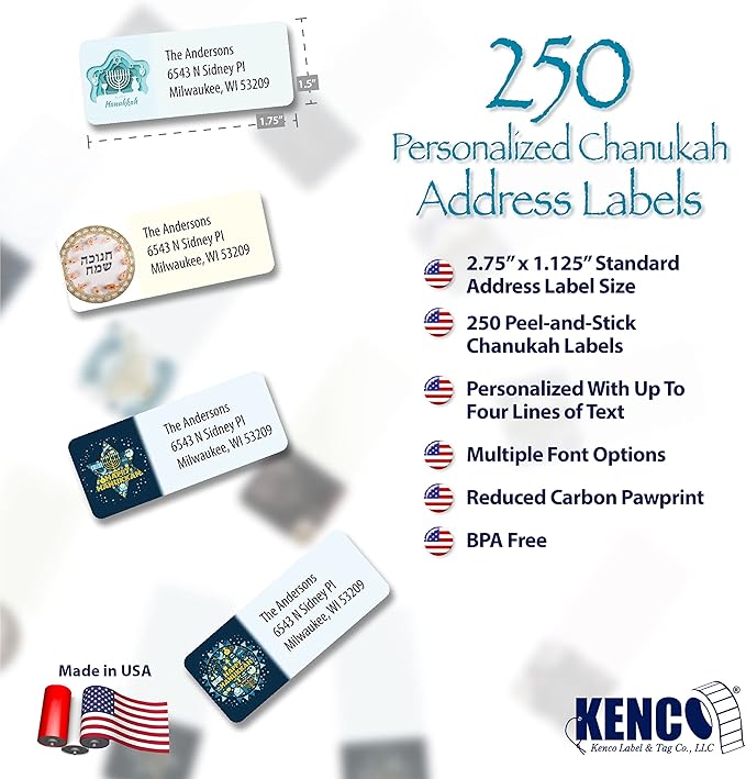 Customized Personalized Hannukah Address Labels - Made in The USA by Kenco (250 Labels, Hannukah)