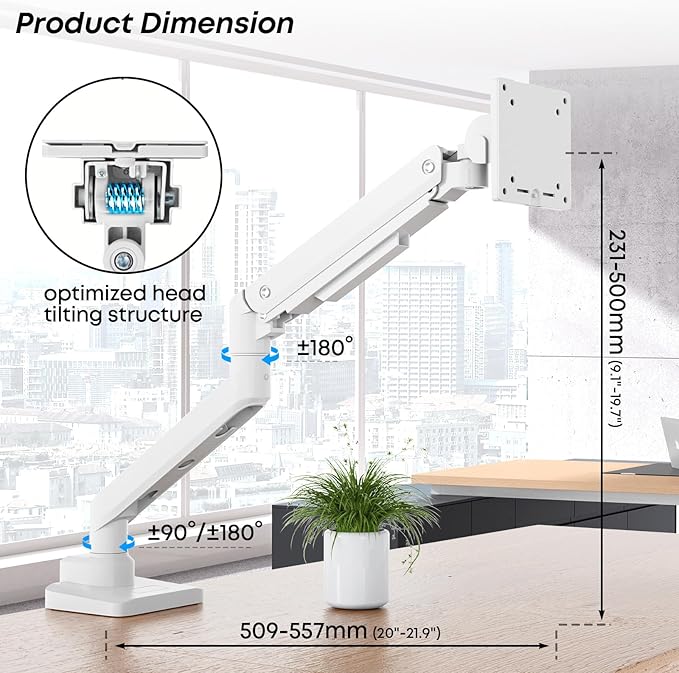 Premium Heavy Duty Monitor Arm for 17 to 49 inch Screens up to 44lbs, Fully Adjustable Ultrawide Single Clamp-on Desk Mount Stand, VESA 75x75/100x100mm (White)