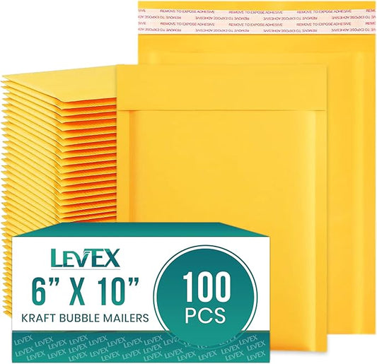 Levex - #0 6" x 10" [100 Pack) Kraft Bubble Mailers, Padded Envelope Mailers, Packing Envelope & Mailing Bags for Shipping